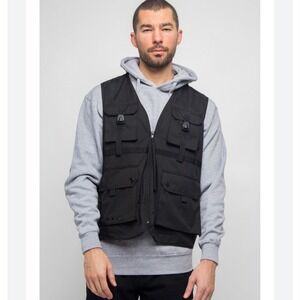 Victorious Black Utility Tactical Vest XL PU Coated Cargo Pocket Streetwear